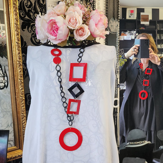 Lariat Chain Necklace Circles Squares and a Black Diamond