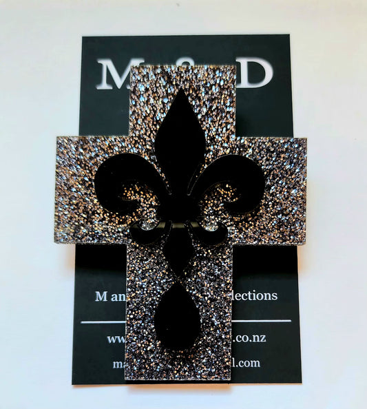 Brooch Black Glitter Cross with Fleur de lis layer.