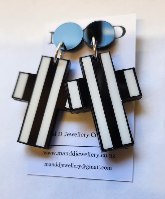 Stripey Cross Chunky Stud Dangle Earrings