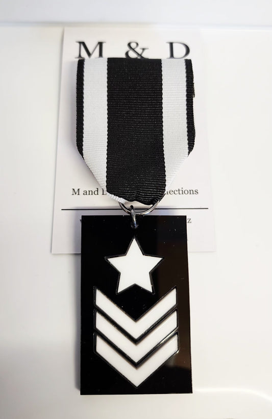 Ribbon Brooch Black Rectangle with White Chevron and Star