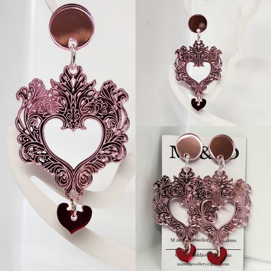 Engraved Feather Heart Trio Mirror Stud Dangles