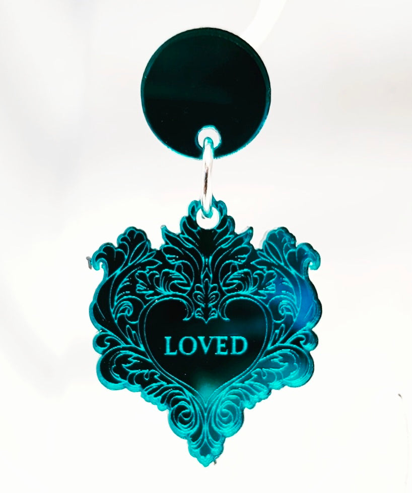 Loved Engraved Heart Mirror Stud Dangles