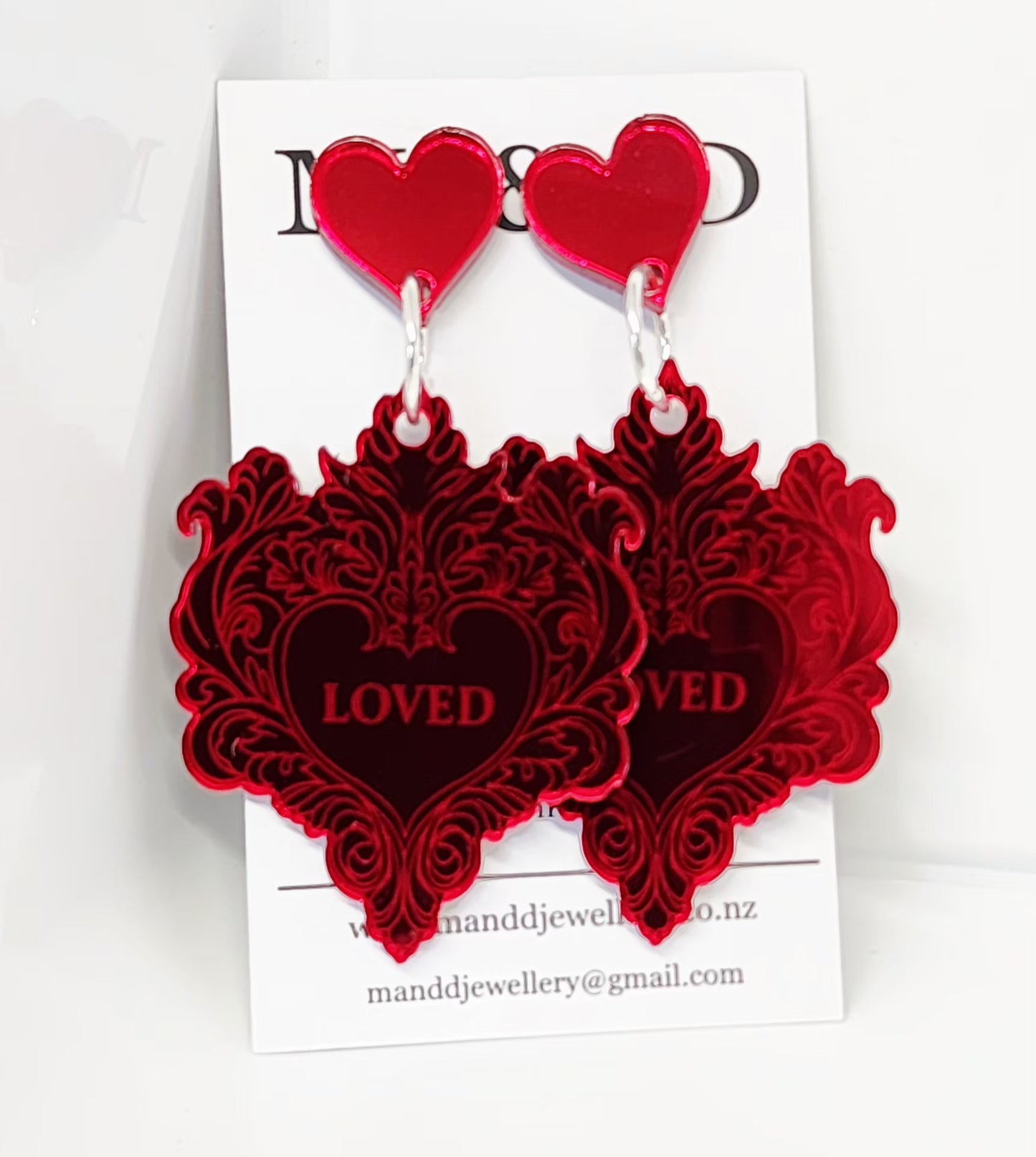 Loved Engraved Heart Mirror Stud Dangles