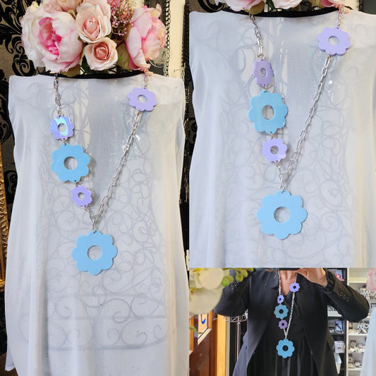 Lariat Flower Sky Blue and Lilac on Stainless steel chain