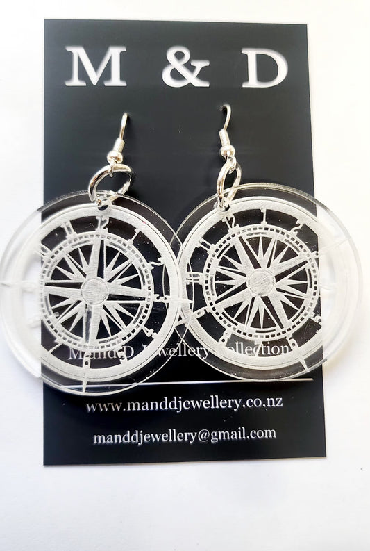 Engraved Compass Clock Dangles Earrings