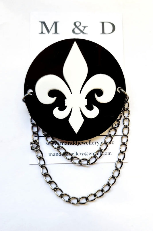 Brooch Disc with Fleur De Lis Layer and chain detail