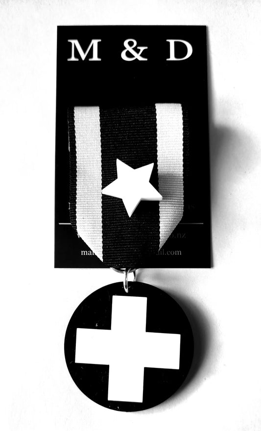 Ribbon Brooch White Plus Layered on Black Disc with detachable Star Pin