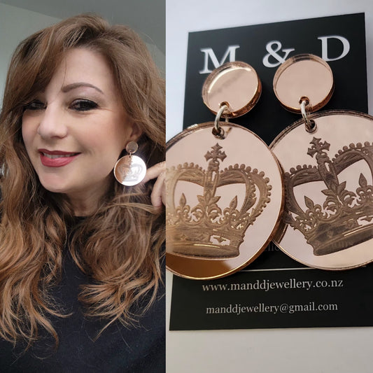 Engraved Crown Mirrored Stud Dangle Earrings