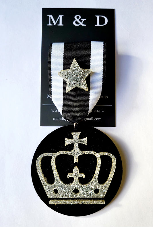 Ribbon Brooch Silver Glitter Crown Layered on Black Disc with detachable Star Pin