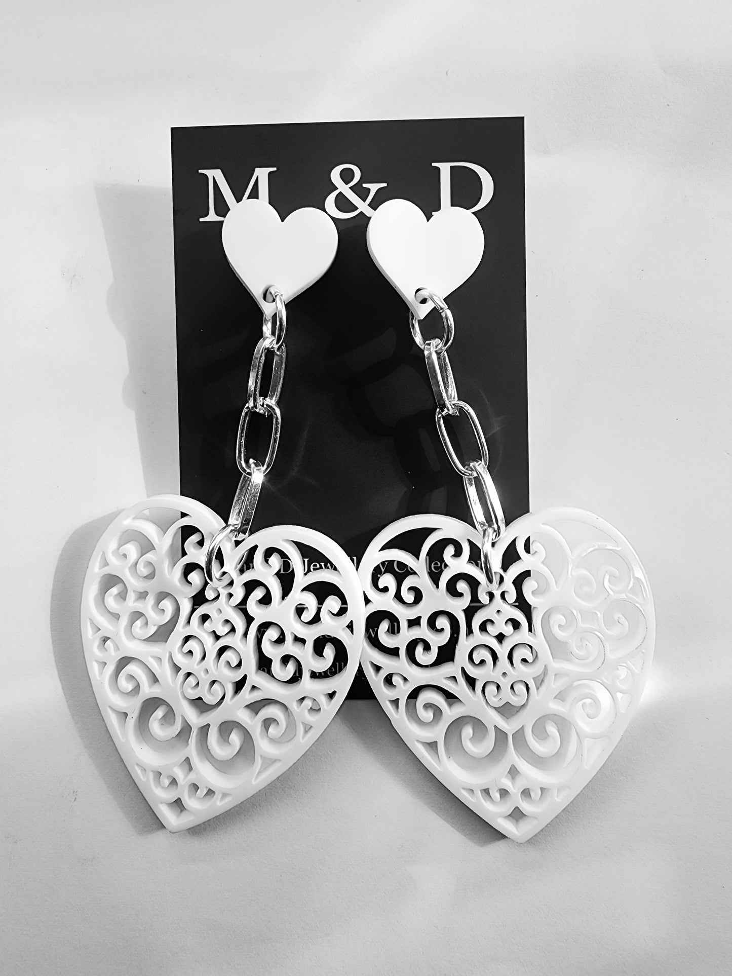 Chained Drop Filigree Heart Earrings Stud Dangles