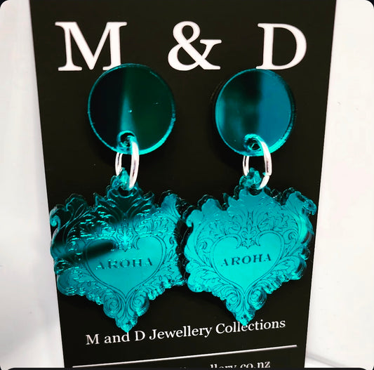 Aroha Engraved Heart Mirror Stud Dangles