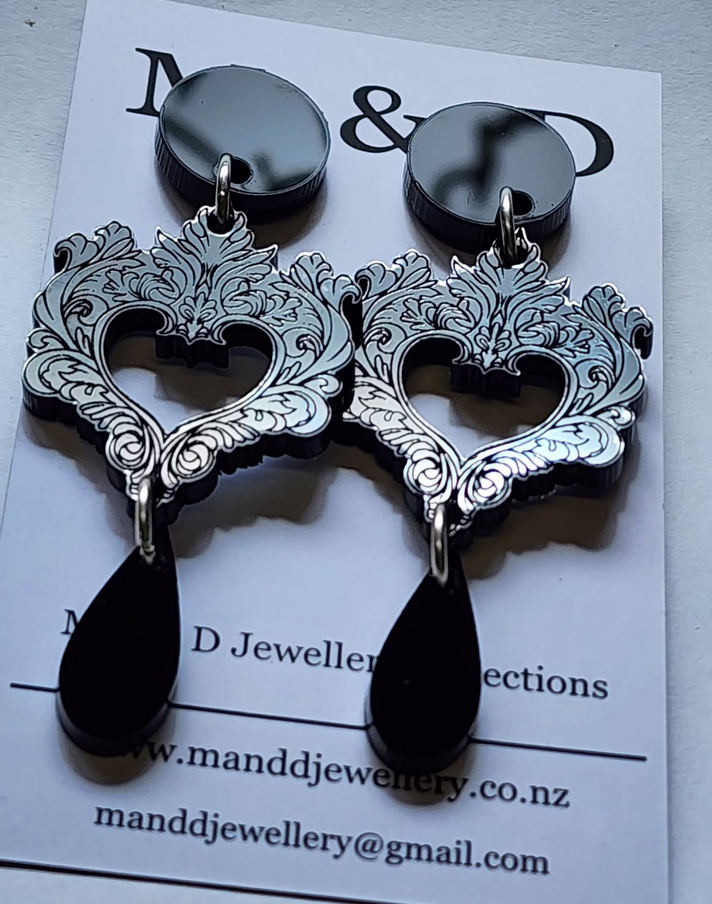 Engraved Heart Feather Drop Stud Dangles