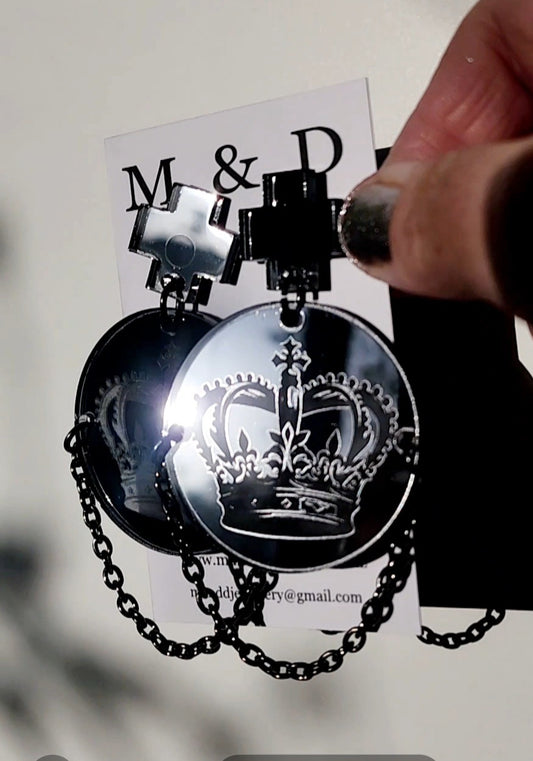 Crown Engraved Mirror Stud Dangle Earrings with chain detail