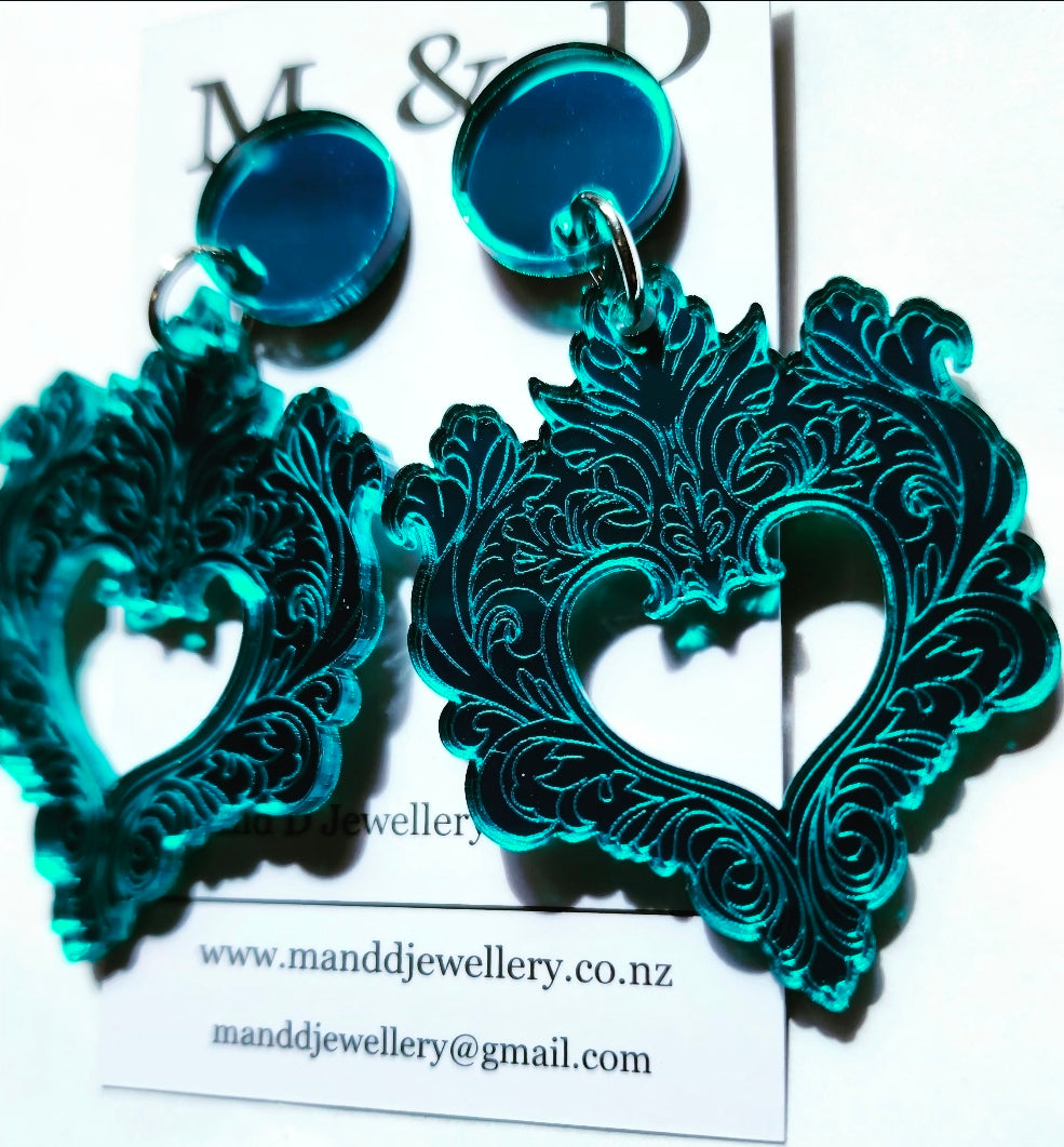 Engraved Feather Heart Mirror Stud Dangles