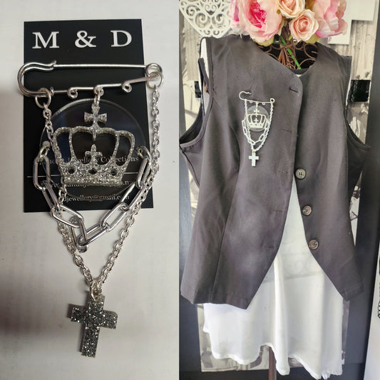 Kilt Pin Brooch with Crown Layer and chain detail