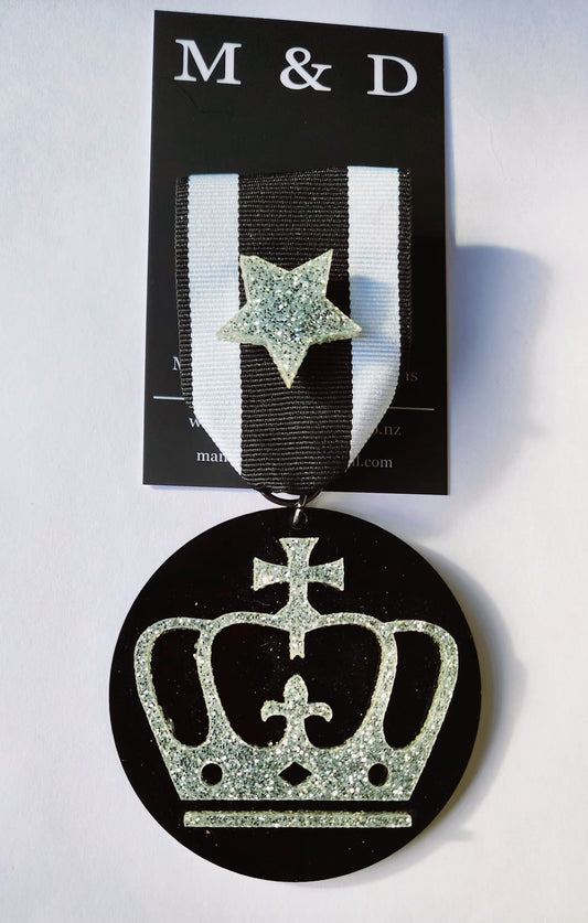 Ribbon Brooch Silver Glitter Crown Layered on Black Disc with detachable Star Pin