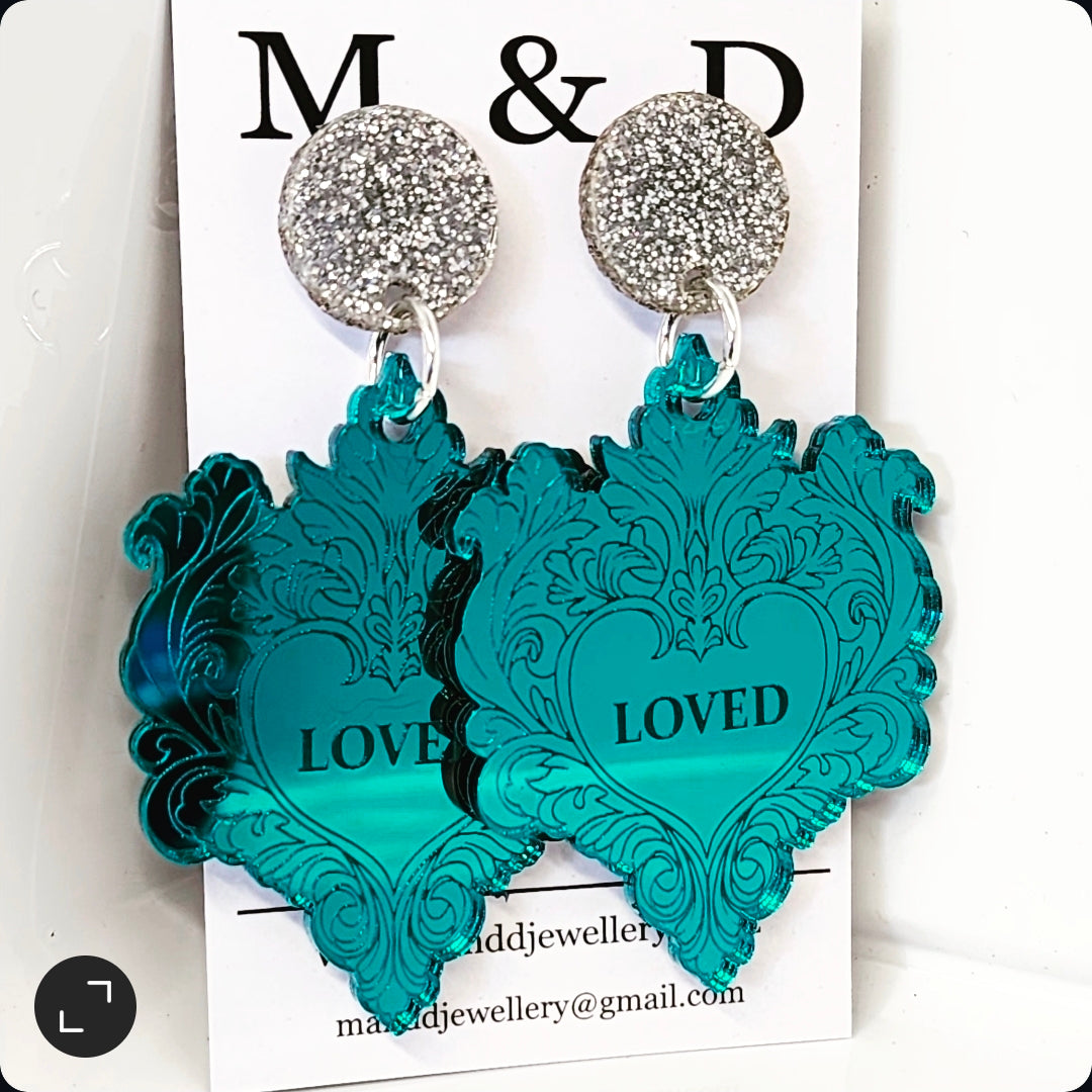 Loved Engraved Heart Mirror Stud Dangles