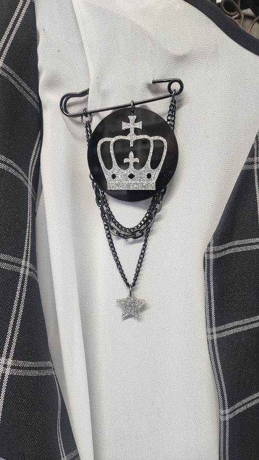 Kilt Pin Brooch with Crown Layer and chain detail