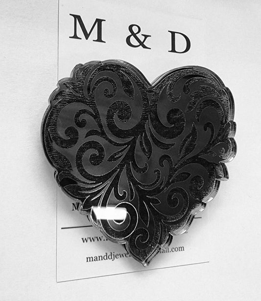 Heart Engraved Mirror Filigree Brooch