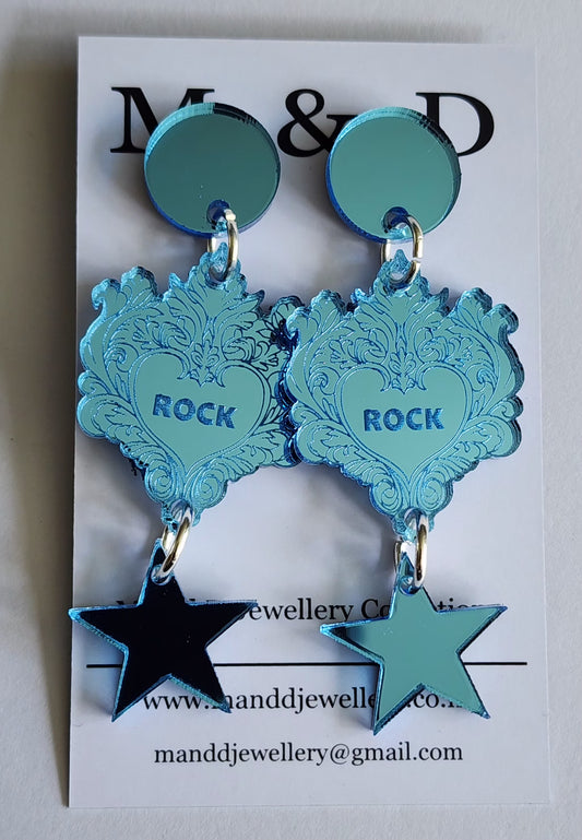 Rock Star Engraved Heart Mirror Trio Stud Dangles
