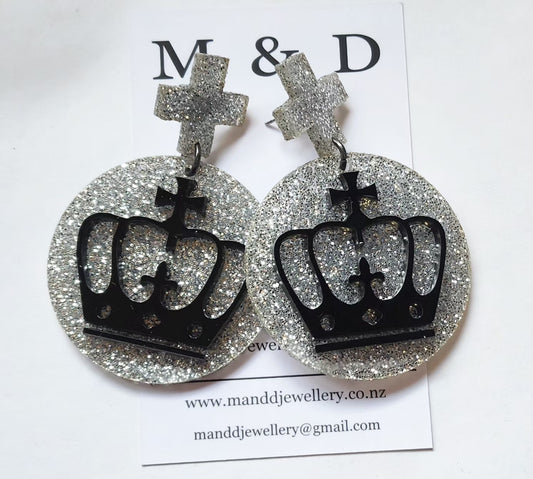 Crown on Glitter Disc Stud Dangles Earrings