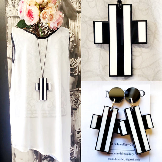 Stripey Cross Chunky Stud Dangle Earrings