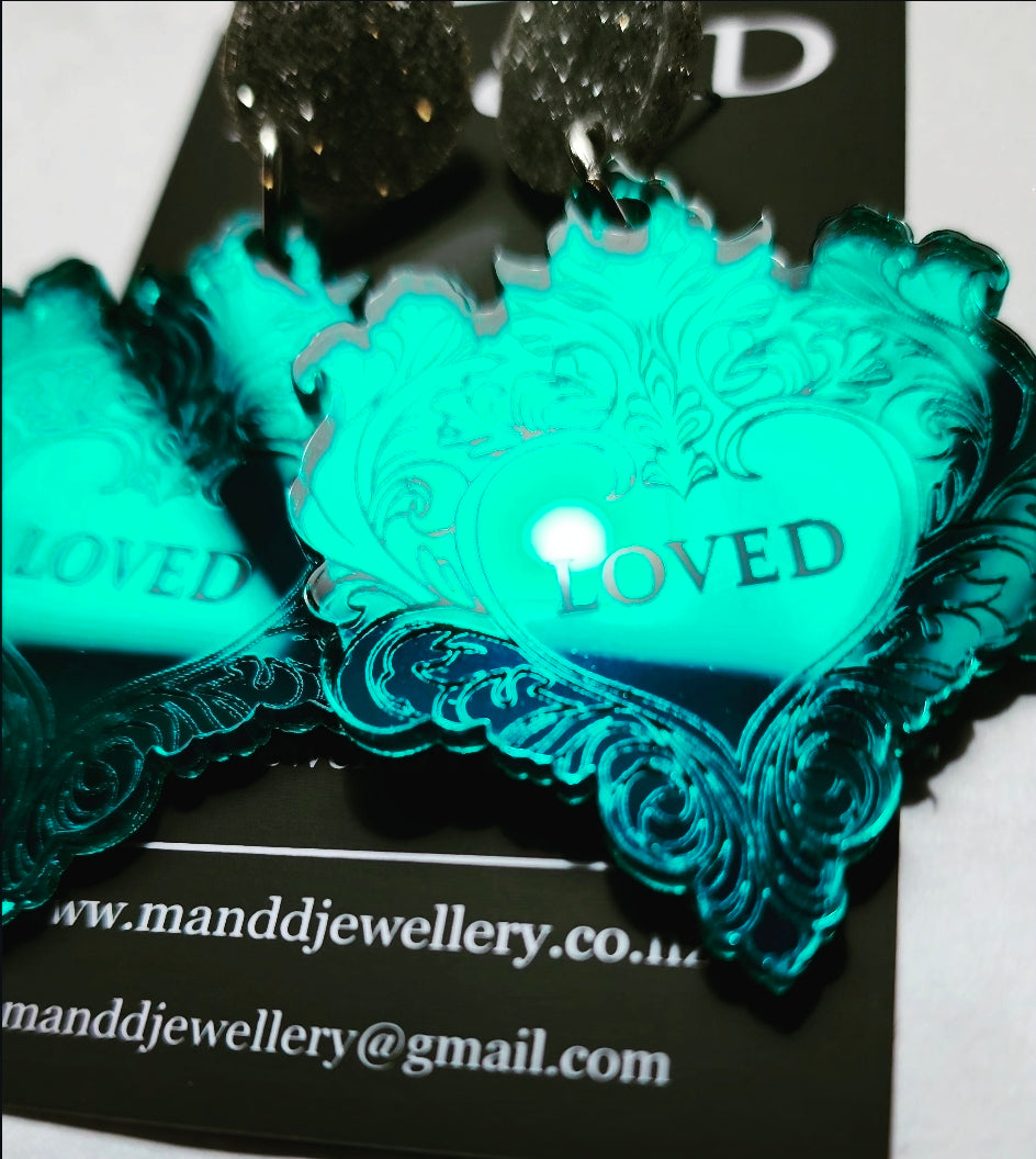 Loved Engraved Heart Mirror Stud Dangles