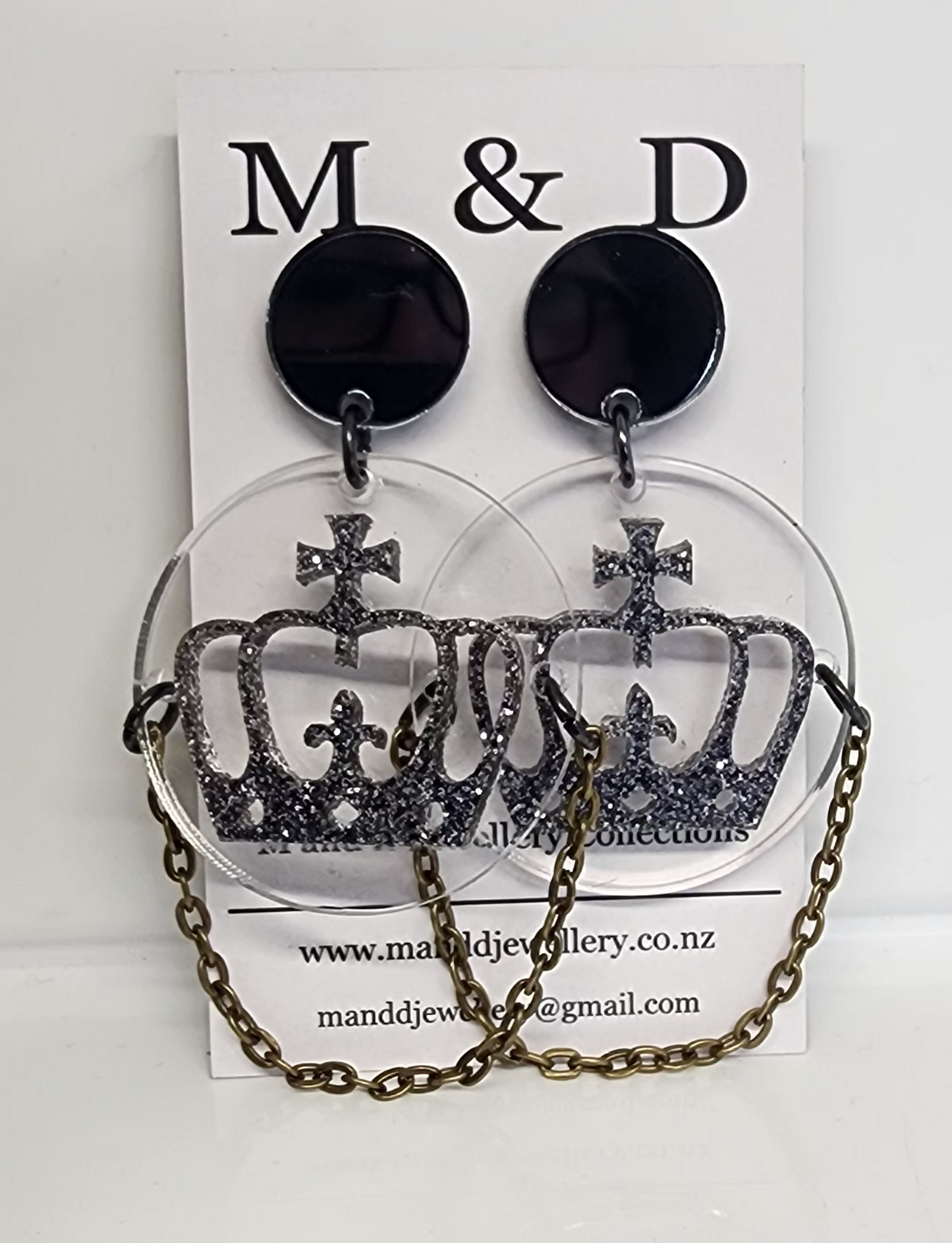 Crown on Glitter Disc Stud Dangles Earrings