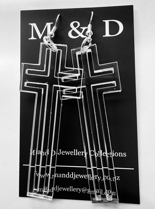 Tall Lined Cross Dangle Earrings