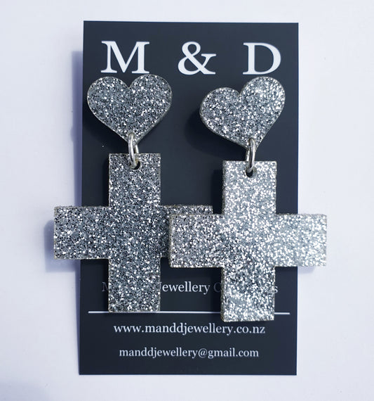 Glitter Solid Cross with Heart post Earrings Stud Dangles