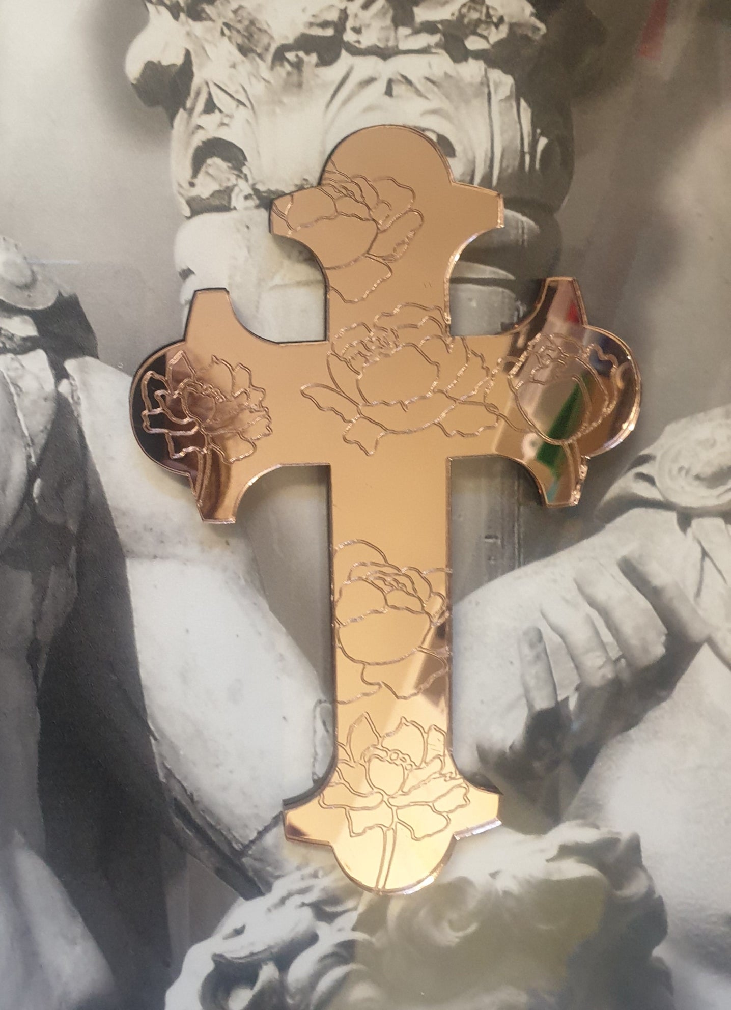 Engraved Peony Rose Gold Mirror Wall Cross Medium