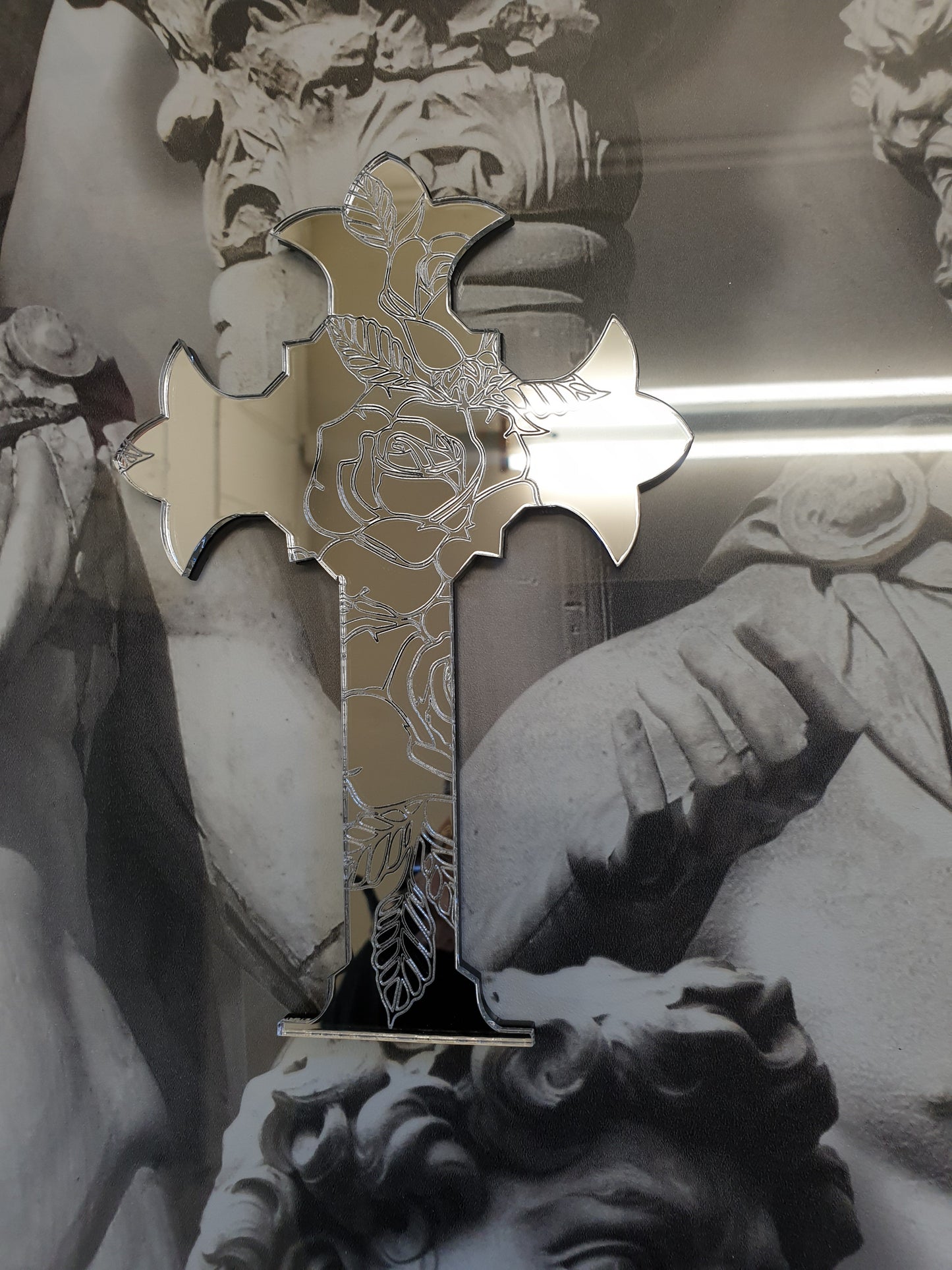 Engraved Roses Silver Mirror Wall Cross Medium