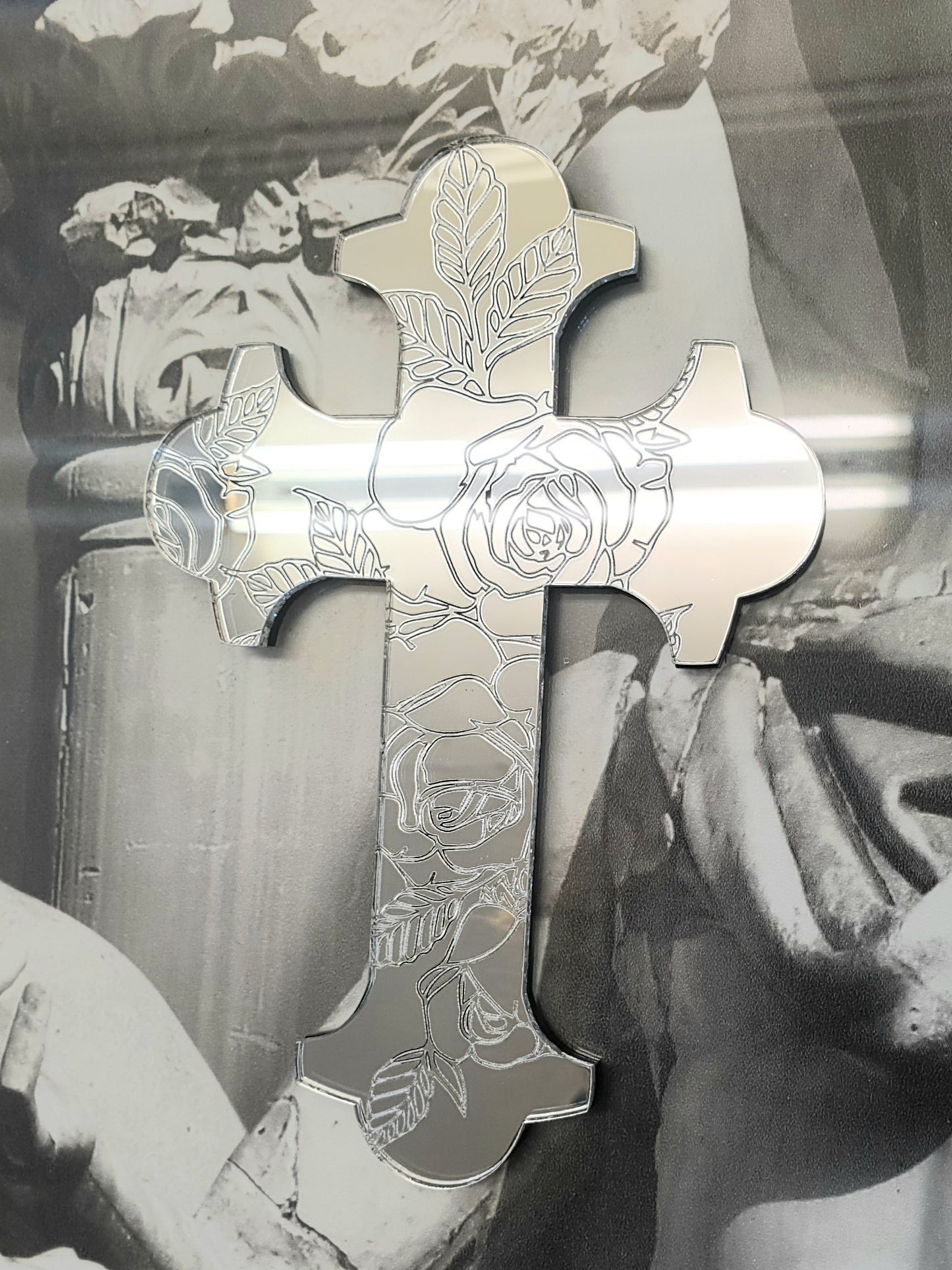 Engraved Roses Silver Mirror Wall Cross Medium