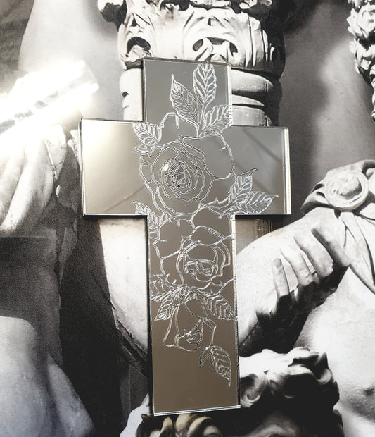 Engraved Roses Silver Mirror Wall Cross Medium