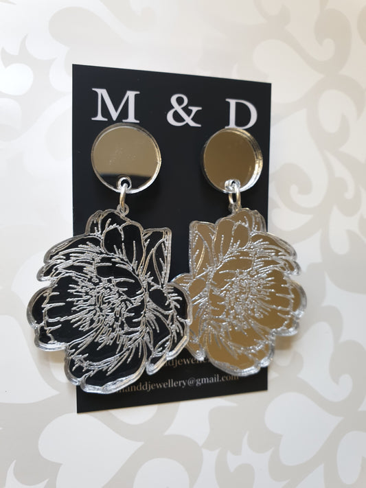 Engraved Mirror Earrings Peony Stud Dangles