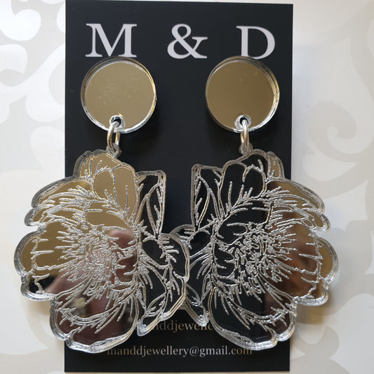 Engraved Mirror Earrings Peony Stud Dangles