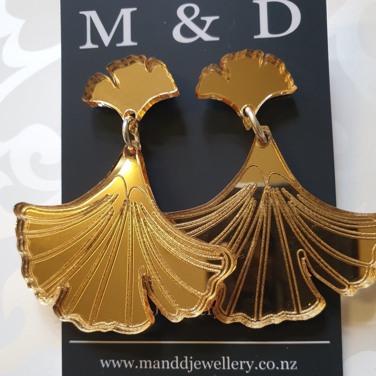 Engraved Mirror Earrings Ginkgo Stud Dangles