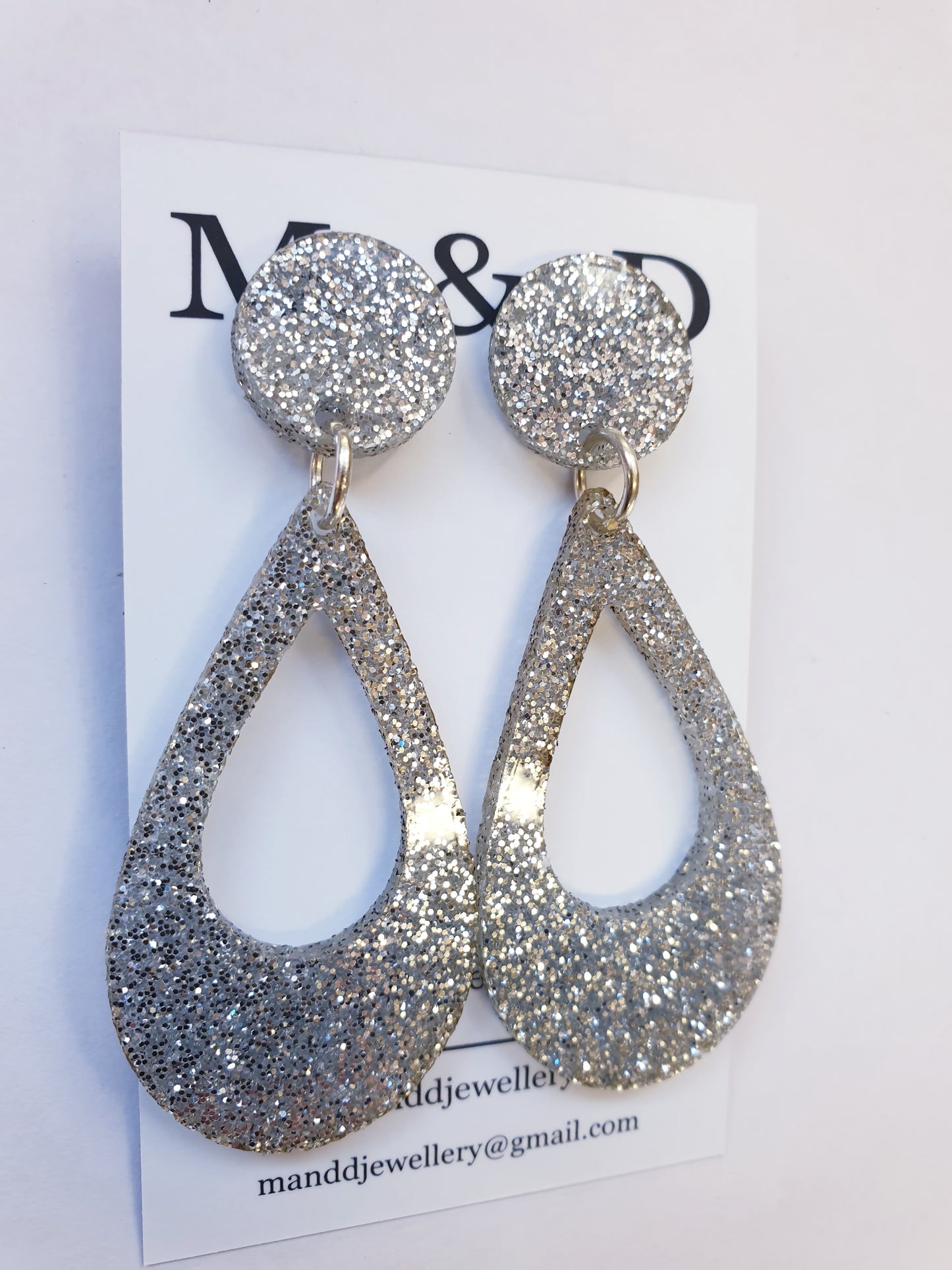 Silver Glitter Tear Drop Stud Dangles