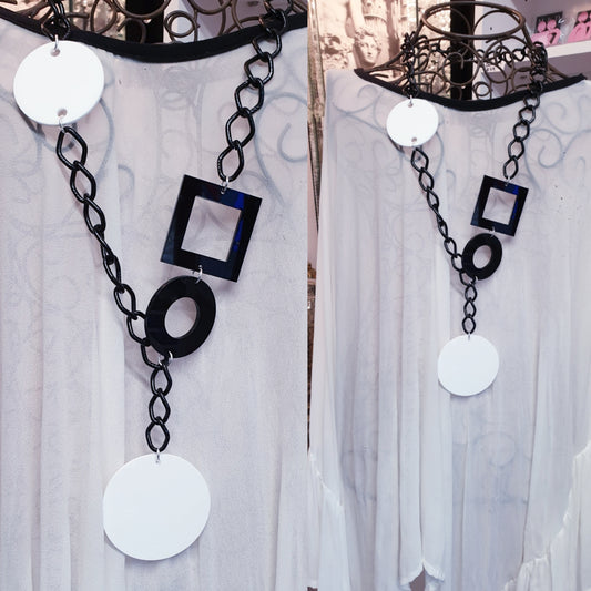 Lariat Statement Necklace White Circles on Black Chain