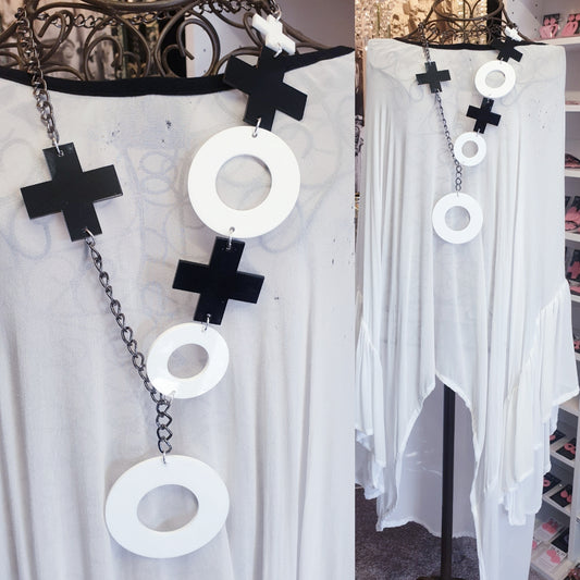 Lariat Statement Necklace Black plus crosses and white circle pendant