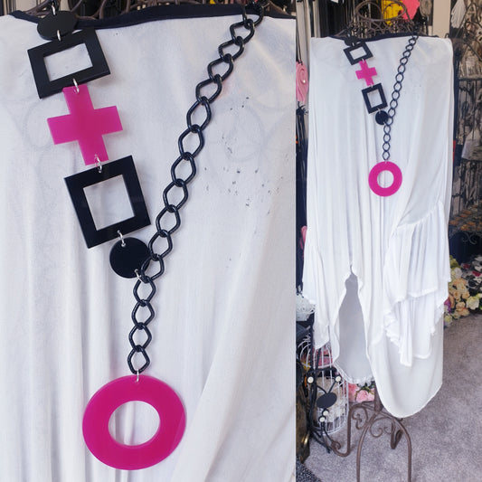 Lariat black squares hot pink plus and hp circle pendant