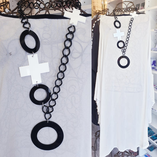 Lariat Statement Necklace black white circles and plus crosses