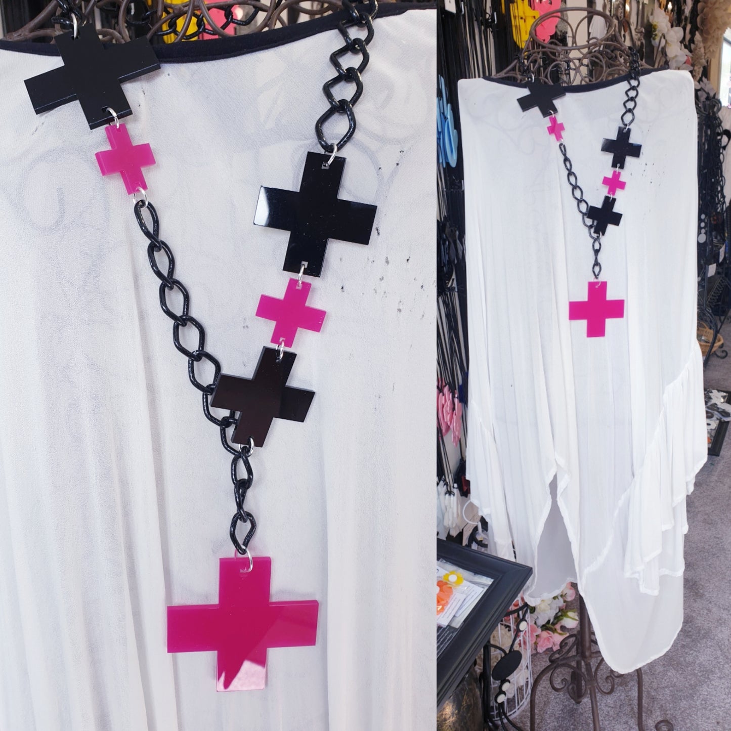 Lariat Statement Necklace Hot Pink and Black plus Crosses