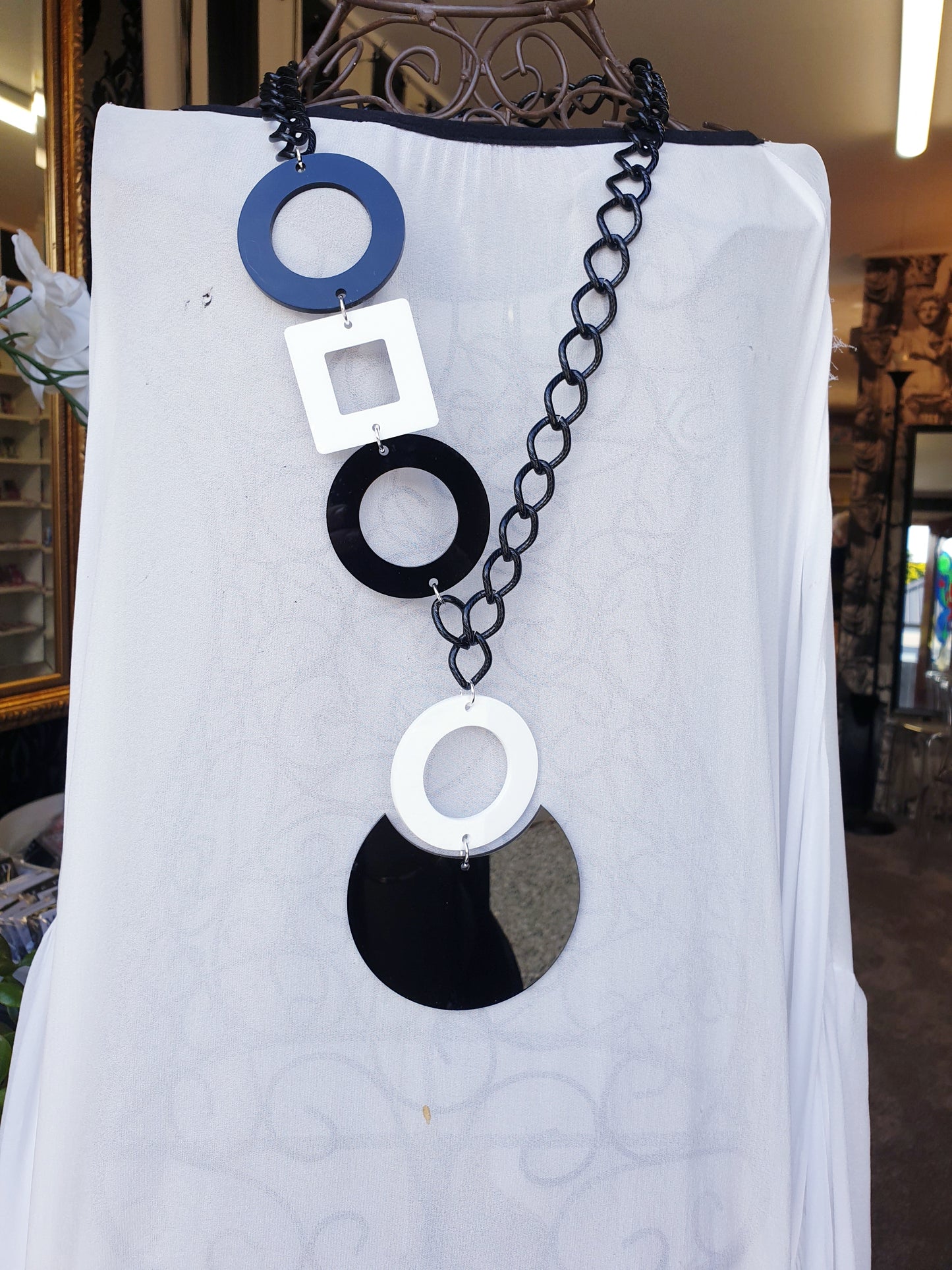 Lariat Statement Necklace Black White Circles and Square