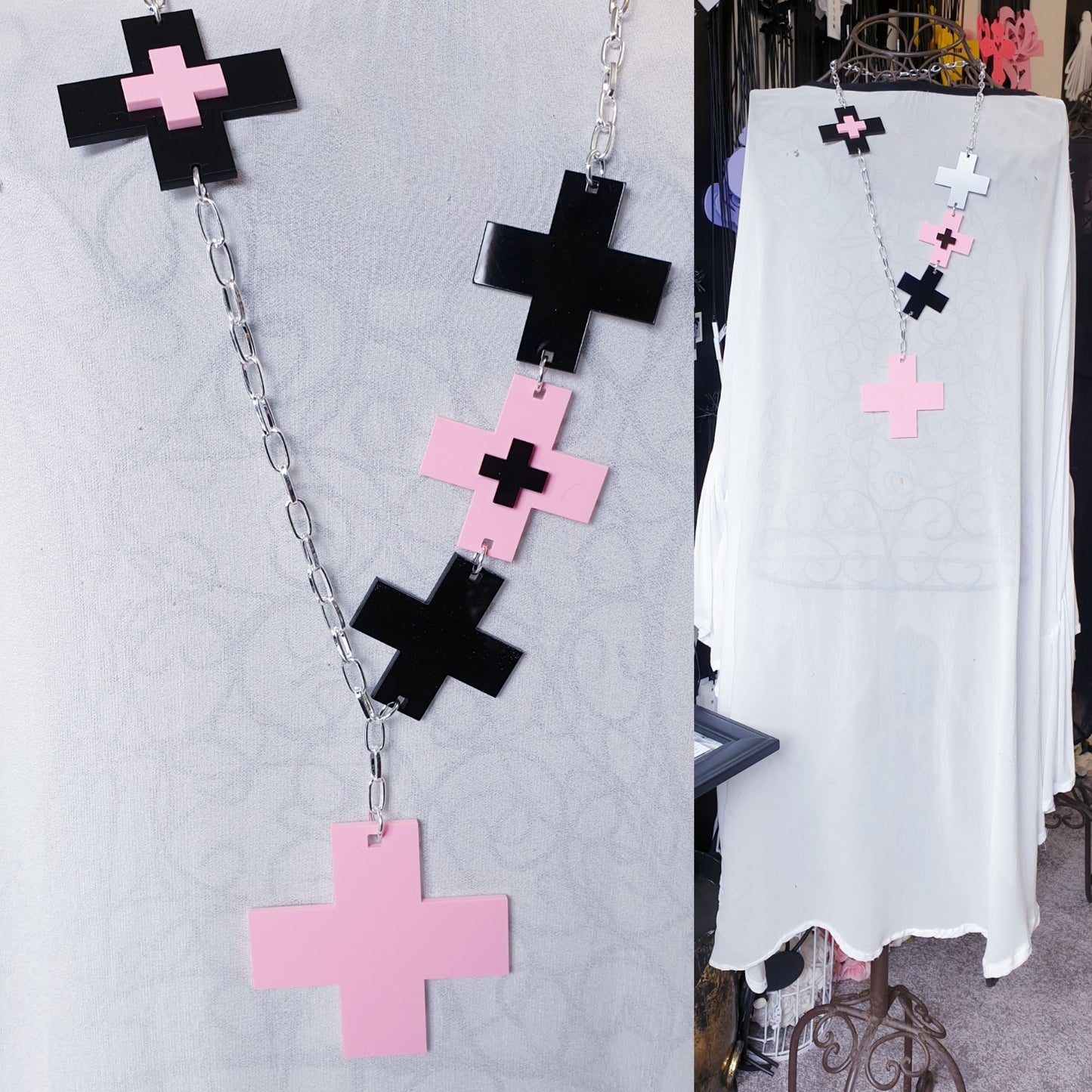 Lariat Pink and Black layered plus, pink pendant.