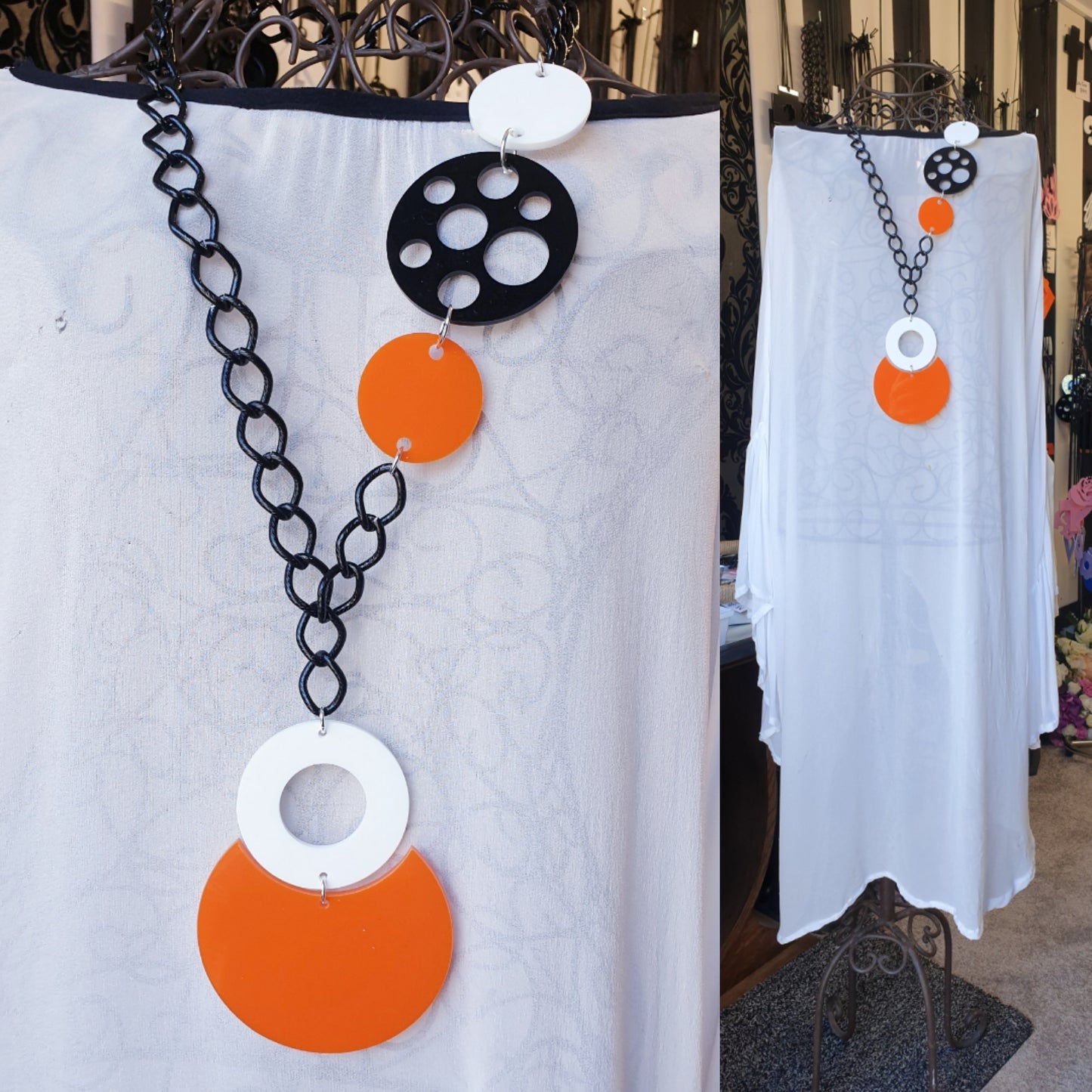 Lariat Statement Necklace circles black white orange pendant