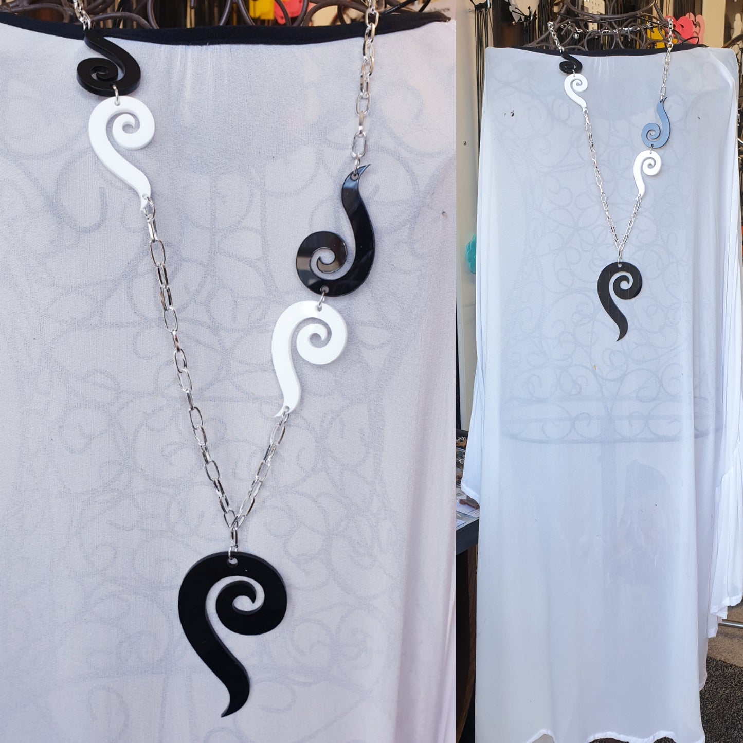 Lariat Statement Necklace Long Spiral Black white