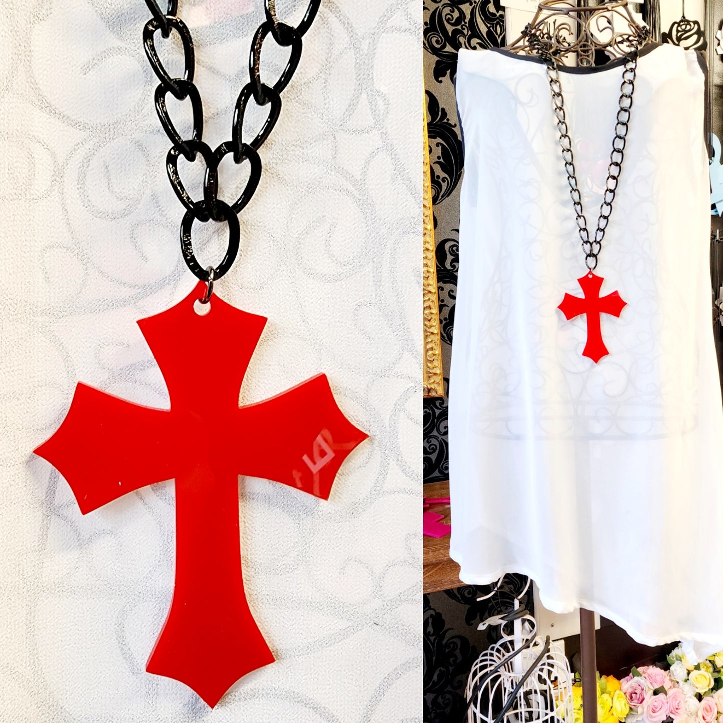 Chained Diamond Point Cross Statement Necklace